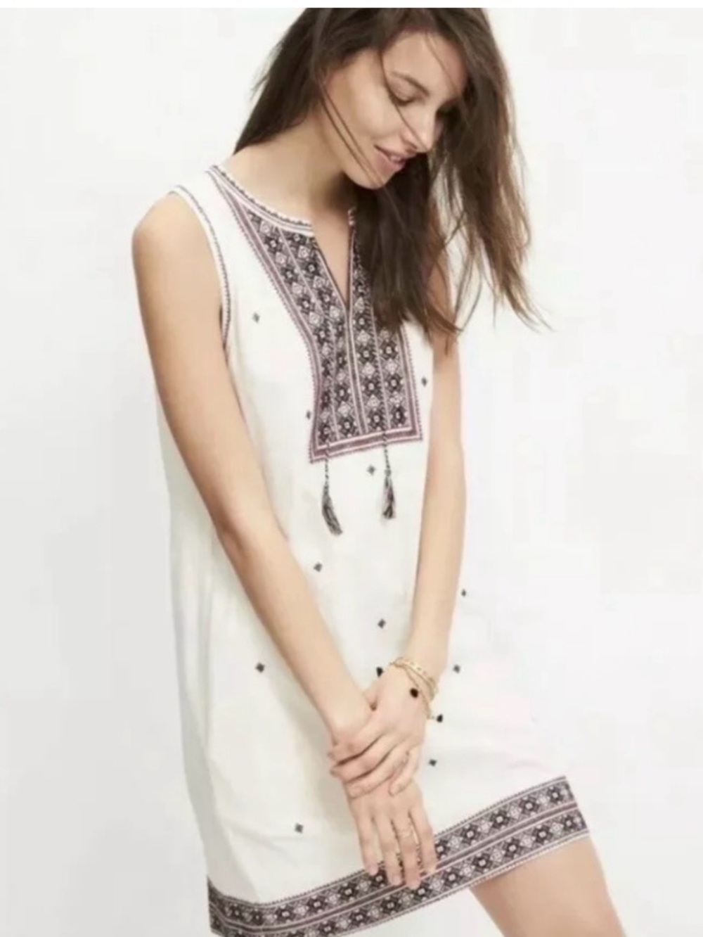Madewell Cream Sleeveless Shift Dress with Contrast Embroidery Tassels Boho SZ 2
